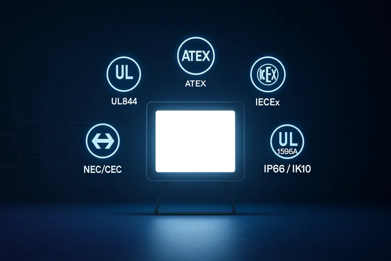 Explosion proof LED flood light product render with surrounding certification icons for UL844, ATEX, IECEx, NEC/CEC, UL 1598A, and IP66/IK10 compliance.