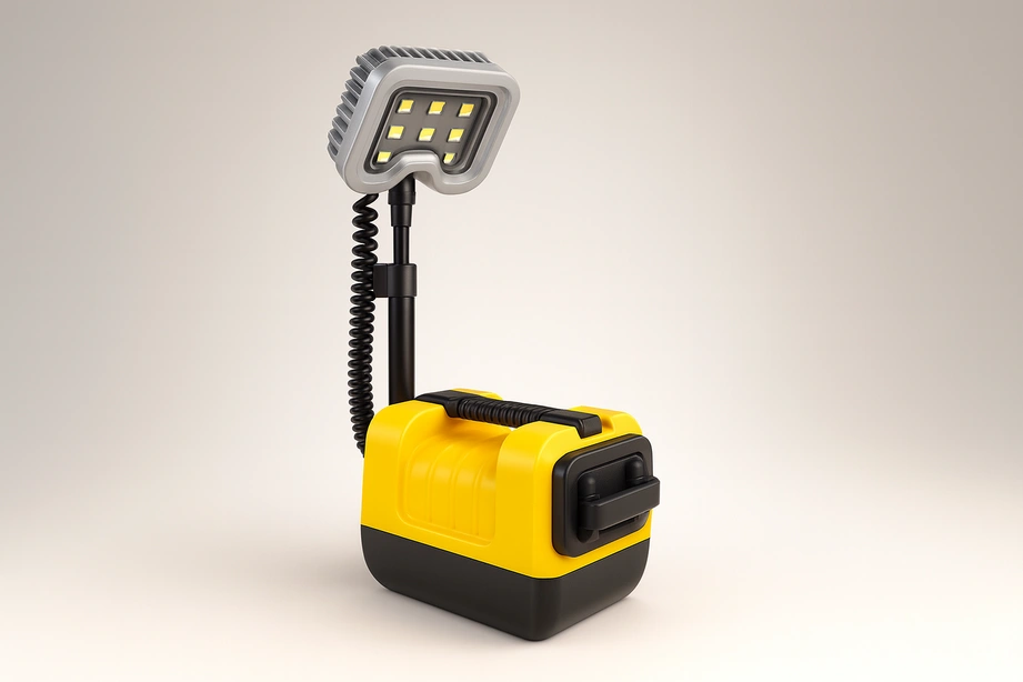 High-resolution 3D render of a portable explosion proof LED work light with a rugged yellow and black housing, extendable arm, coiled power cable, and adjustable LED lamp head. Industrial-grade design ideal for hazardous location lighting and temporary jobsite illumination.
