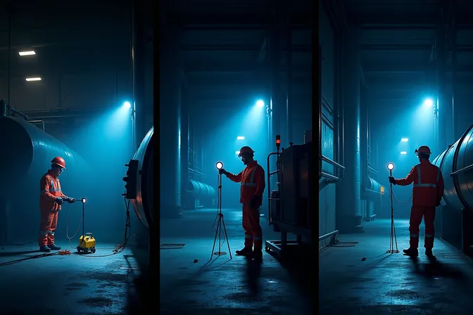 Industrial applications of portable explosion proof LED light for tank cleaning, refinery inspection, and emergency response.