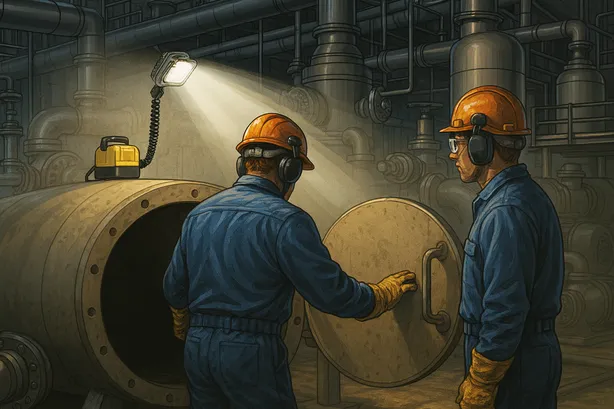 Portable explosion proof LED work light used in refinery maintenance, confined spaces, and tank cleaning with 125° beam.