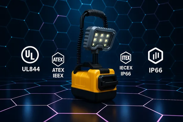 Portable explosion proof LED work light with UL844, ATEX, IECEx, and IP66 compliance certifications displayed as glowing icons.