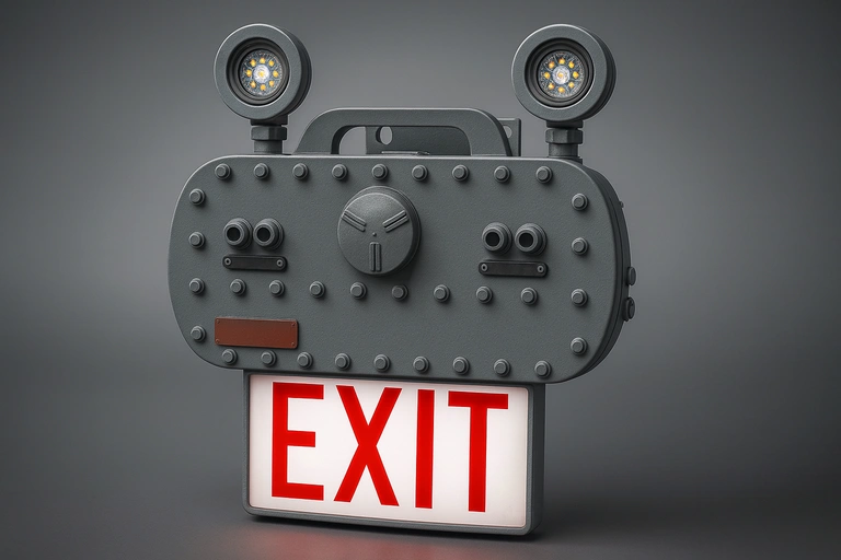 High-resolution 3D render of an explosion proof LED exit and emergency light combo with two adjustable LED heads, rugged aluminum housing, and bold red EXIT sign on a neutral gradient background.