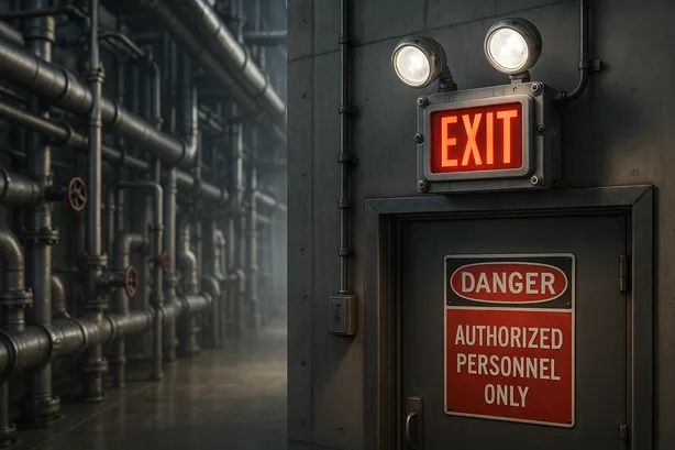 Explosion proof exit and emergency light mounted above refinery corridor doorway.