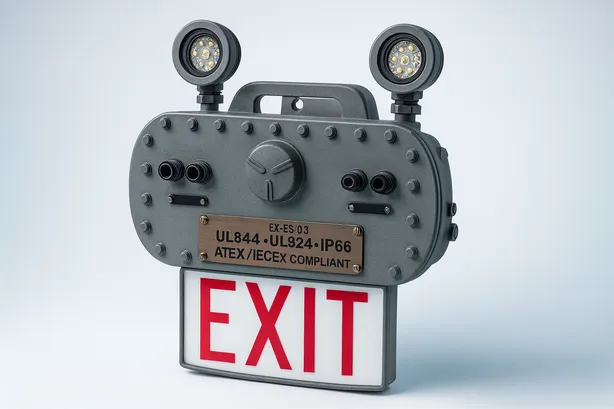 Explosion proof emergency and exit light showing UL844, UL924, and IP66 compliance markings.