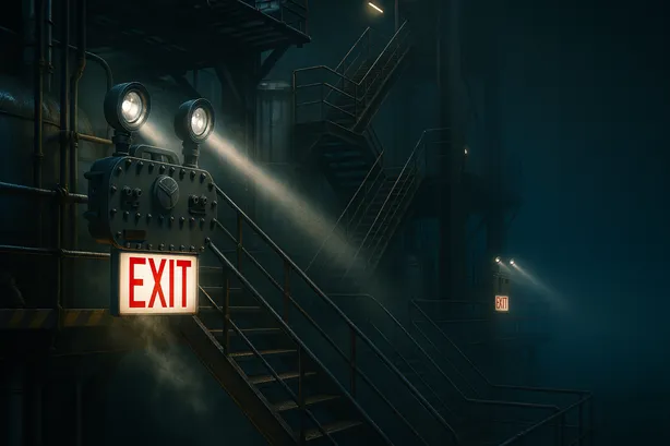 Explosion proof emergency lights illuminating stairwell and egress paths in hazardous facility.