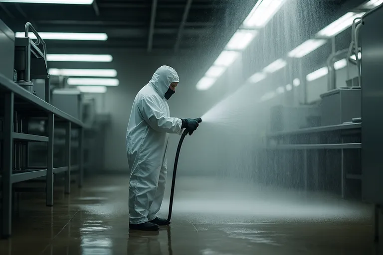 Food plant sanitation washdown with LED vapor tight lights designed for IP69K compliance