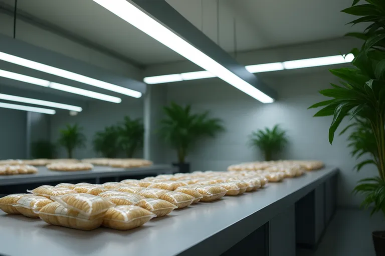 Food technology lab with plants and packaged goods inspected under LED lighting