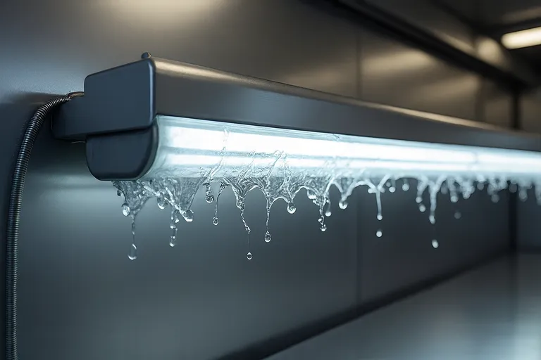 NSF-certified vapor tight LED lighting fixture with water droplets showing IP69K washdown compliance