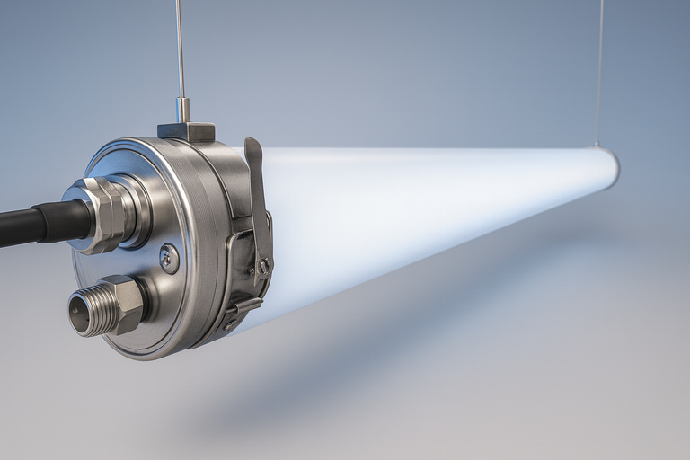 SL Series food grade vapor tight LED fixture, IP69K sealed for washdown, linear lighting for wet processing rooms and corridors.