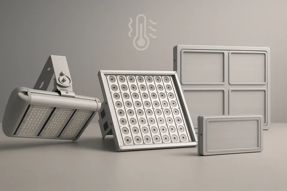 Family of high-temperature LED fixtures—EDGE 60–80 °C, RT-IL 100 °C, RT-IL-150C remote-driver—for furnaces, kilns, foundries, and hot-process areas.