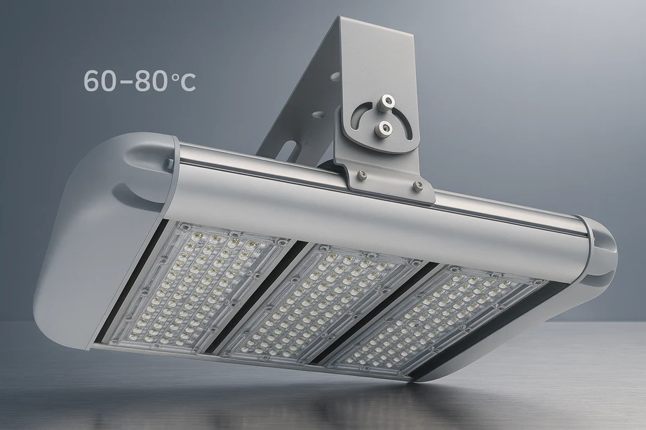 EDGE Series 60–80 °C high-temperature LED high bay/flood with integrated driver, IP66/IK10 housing, vibration-rated for harsh industrial bays and cranes.