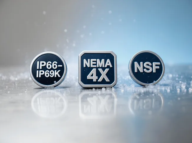 IP69K, NEMA 4X, NSF certification badges for vapor tight LED lighting in wet and washdown areas