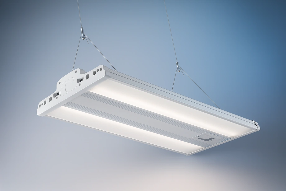 High-resolution 3D render of LS-LHBV2 Linear High Bay LED light with aluminum and gray finishes, suspended on cables against a soft gradient background.