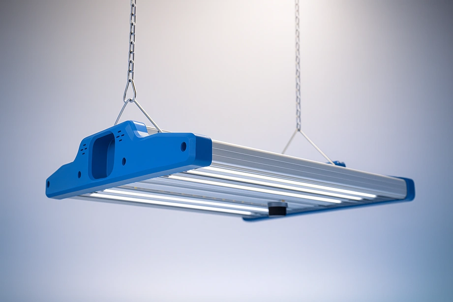 High-resolution 3D render of K5 High Lumen Linear LED High Bay Light with aluminum body, blue end caps, and suspended mounting chains on a soft gradient background.
