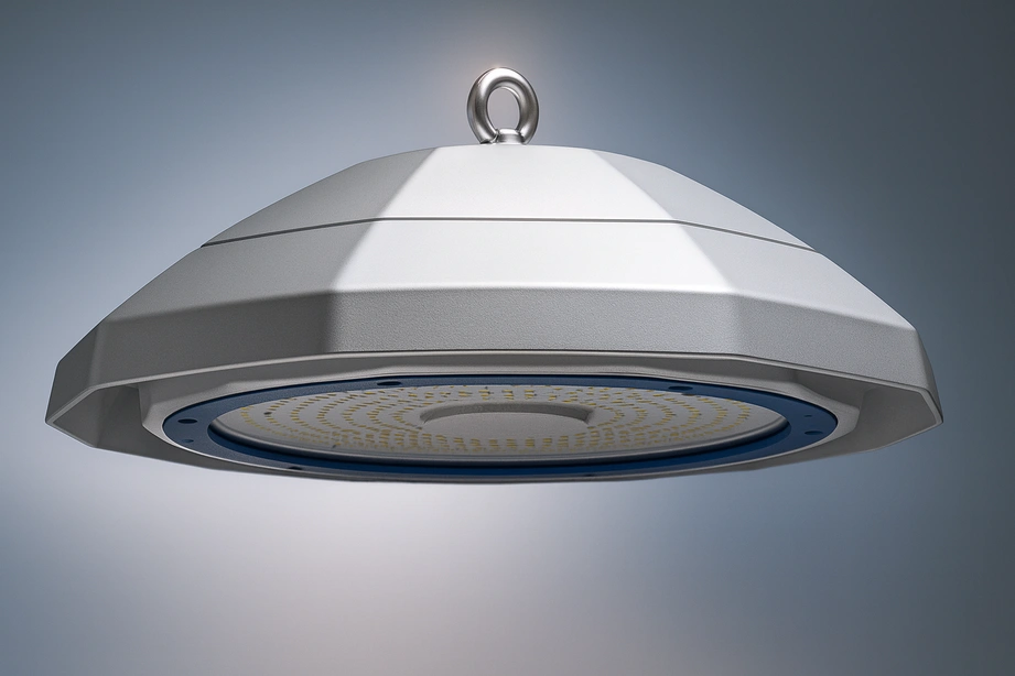Cold Storage and Food Grade High Bay LED Light 3D render with aluminum housing, detailed LED array, and clean gradient background.