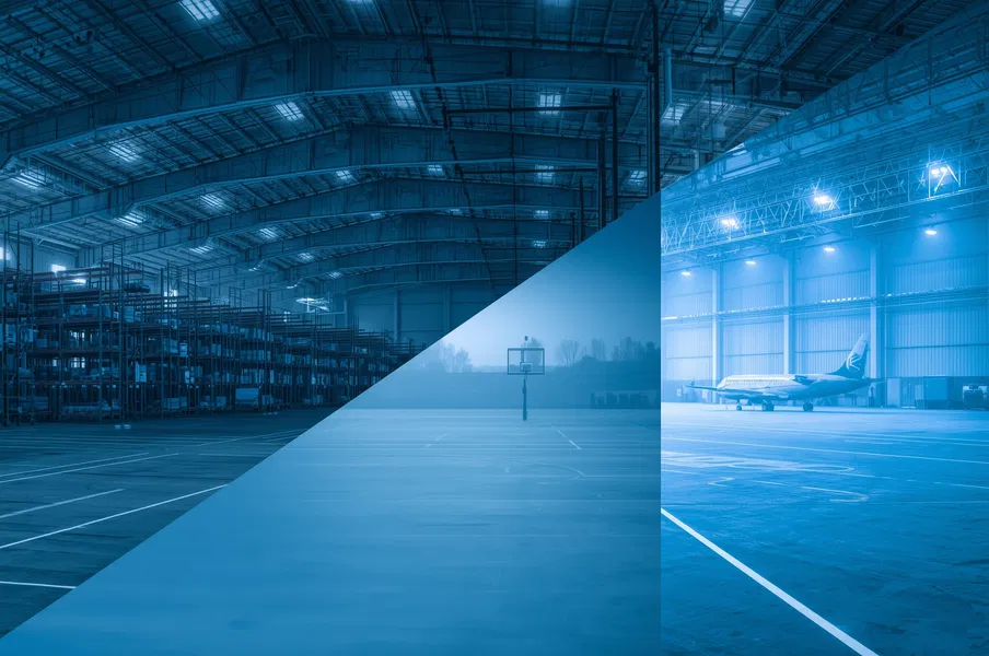 Warehouse and manufacturing hall under high bay LED lights, bright uniform coverage for large spaces