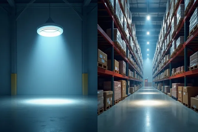 UFO high bay LED lighting over an open warehouse floor, wide 120 degree beam pattern