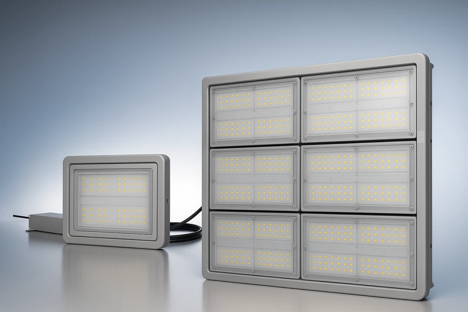 RT-IL-150C ultra high-temperature LED flood/high bay with remote driver, modular panels, rated 150 °C (302 °F) for paper mills, steel plants, and hot-end glass lines.