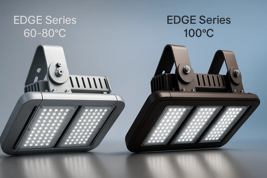 EDGE Series high-temperature LED flood light with remote driver, IP66, continuous duty up to 100°C