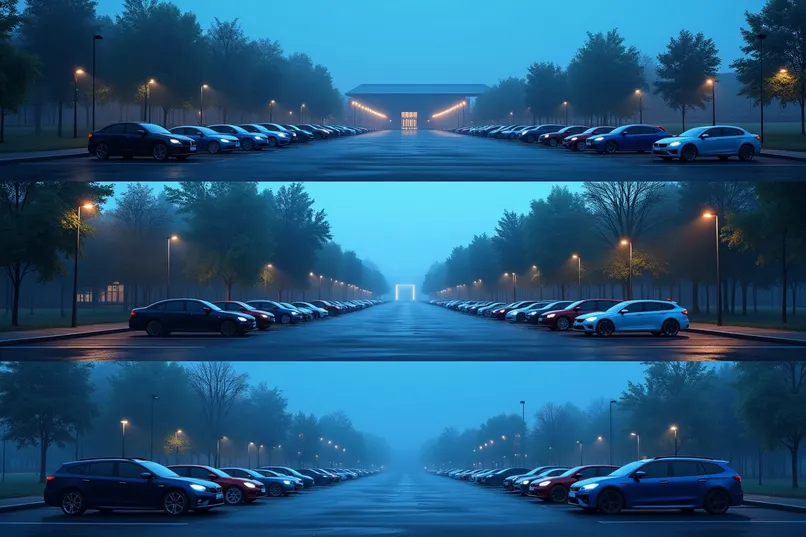 LED flood lights on campus parking lot and perimeter path providing bright, uniform outdoor lighting
