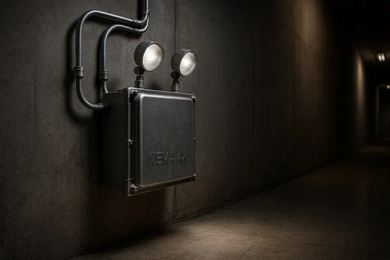 Close-up of UL 924, NEMA 4X, and NSF certified emergency LED unit with twin adjustable heads, demonstrating compliance for hazardous, food processing, and industrial applications.
