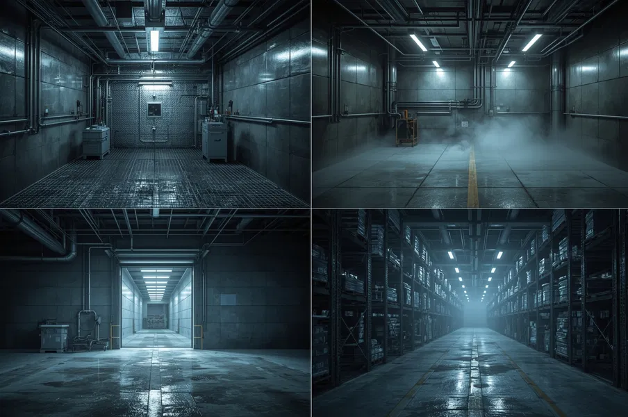 Four key industrial applications of emergency LED lighting shown in one grid, including hazardous chemical facility, food and cold storage warehouse, refinery egress path, and manufacturing plant safety illumination.