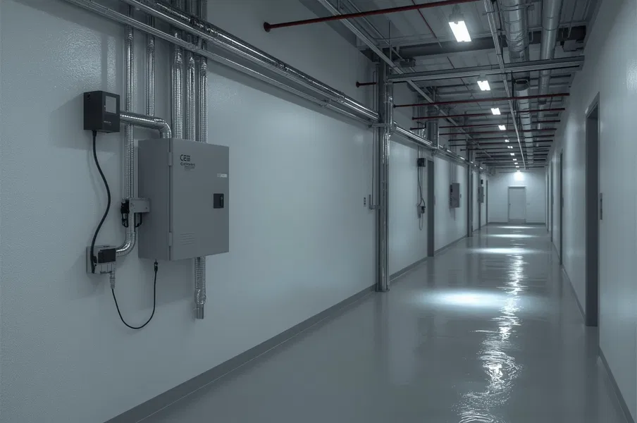Factory floor with NEMA 4X and Class I Division 2 emergency LED units installed, illustrating when to choose industrial emergency lighting for hazardous or food-grade environments.
