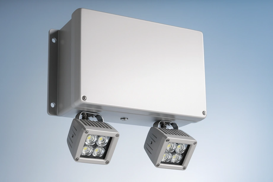 HP Series NEMA 4X industrial battery emergency lighting unit with LED heads, designed for backup egress lighting in harsh facilities.
