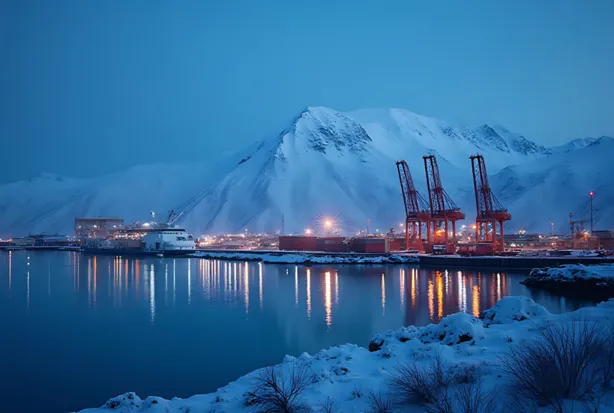 Anchorage port with cranes and Chugach Mountains in winter twilight, cool LED facility lights, marine and cold storage lighting service