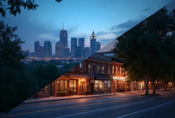 Tulsa skyline and Broken Arrow Rose District at dusk, LED lit streets, industrial and explosion proof lighting service area