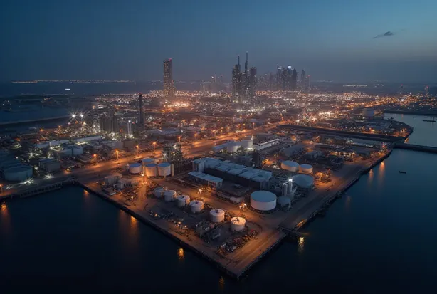 Port of Houston with tank farms and skyline at dusk, LED yard lights, explosion proof lighting service area