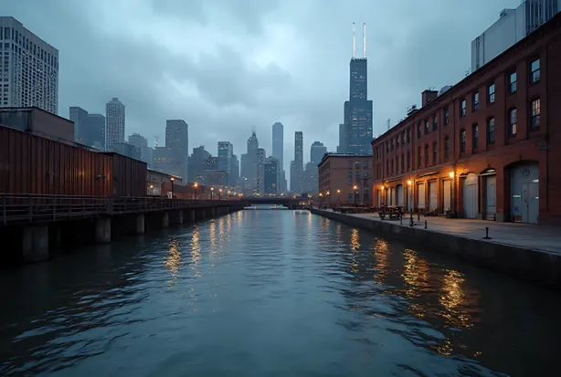 Chicago South Branch with rail yards and Willis Tower, LED dock lights at dusk, industrial high bay and vapor tight lighting service area