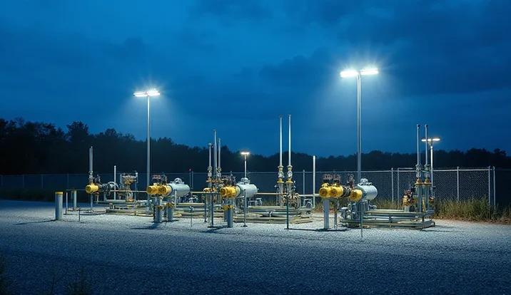 Natural gas pump station yard at blue hour with targeted LED floodlights on manifolds and pipe racks, Class I Division 2 relight