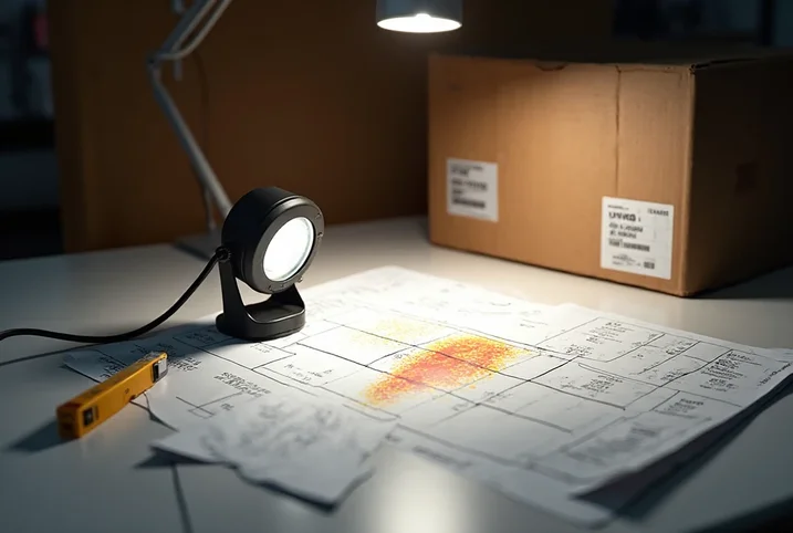 Photometric lighting plan on a clean desk with a compact LED fixture and tools, illustrating application support and reliable supply