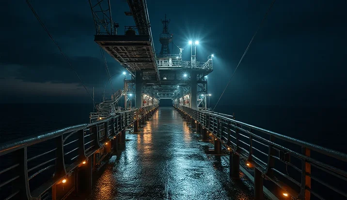 Offshore oil platform at night with LED linears and floods illuminating walkways, IR3 Class I Division 2 upgrade