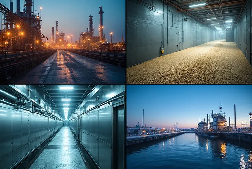 Four panel collage, refinery gas vapor area, dusty process zone, food washdown line, marine pier, showing hazardous, dust, washdown, and corrosion environments