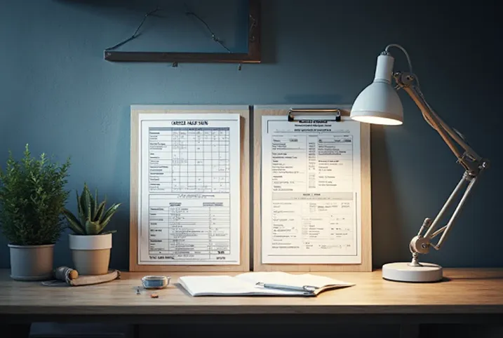 Facility planner clipboard with maintenance windows, C1D2 linear datasheet, and garage/loading dock lighting plan for New York sites.
