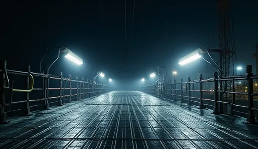 Land rig platform at night with C1D2 linear LED fixtures and sealed conduit providing uniform light on grated walkways.