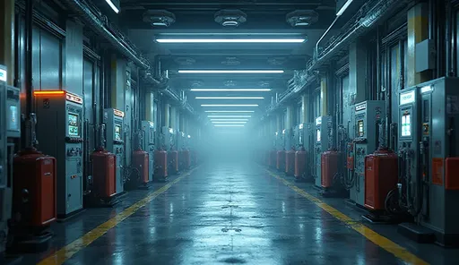 Natural gas pump station with corridor-optic C1D2 linear LEDs reducing shadows at valves and gauges.