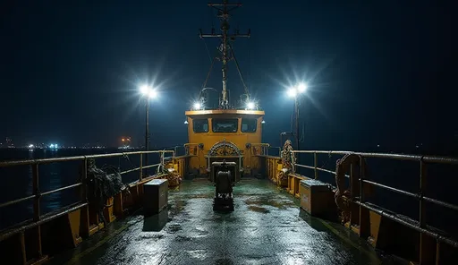 Workboat deck with marine LED floodlights casting bright beams on wet deck surfaces in cold conditions.