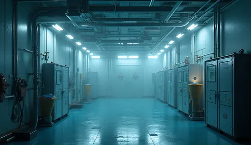 C1D2 scrubber room lit by low-glare LED floods with bracket aiming labels for valves and control panels.