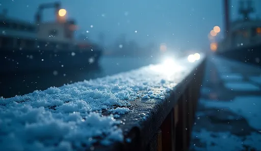 Close view of marine LED flood on an icy workboat rail casting bright light through snowfall.