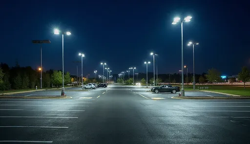 Night parking lot with shoebox LED area lights using Type III and V optics for uniform coverage and photocontrols.