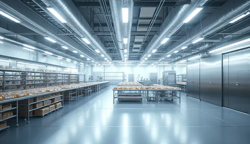 Food processing facility with NSF high bay LEDs and vapor-tight linears for washdown areas and clean ceilings.