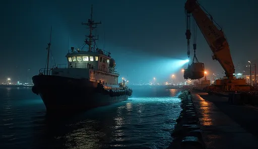 Harbor workboat with marine LED floods aimed at crane and deck controls in misty night conditions.