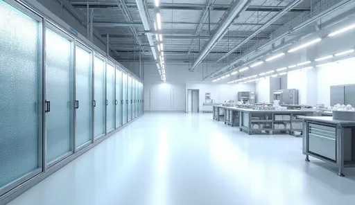Cold storage aisle and prep zone lit by vapor-tight linears and NSF high bay LEDs for sanitary production.