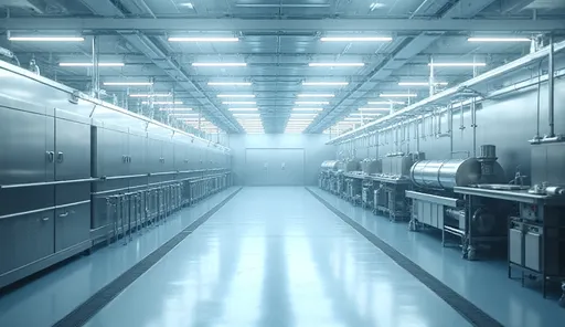 Sanitary processing area with NSF high bay LEDs providing bright, even illumination over drains and stainless guards.