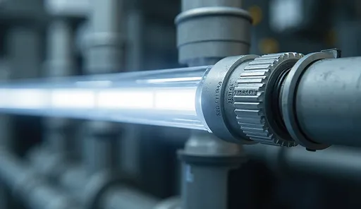 Close detail of C1D1 linear LED endcap with T-code label and sealed conduit in a chemical process environment.