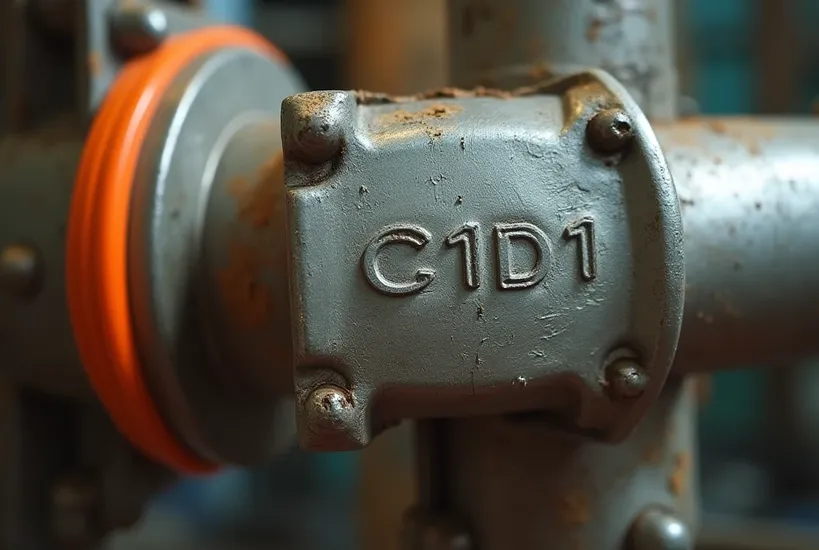 Close-up of C1D1 embossed marking on explosion-proof LED endcap with sealing gasket.