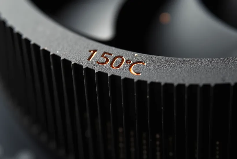 Macro of 150°C high-temperature rating etched on an LED heat sink fin.